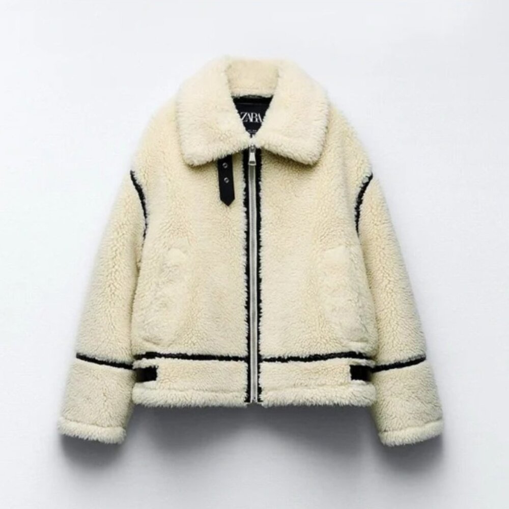 ZARA Teddy Full Zip White Biker Jacket Small